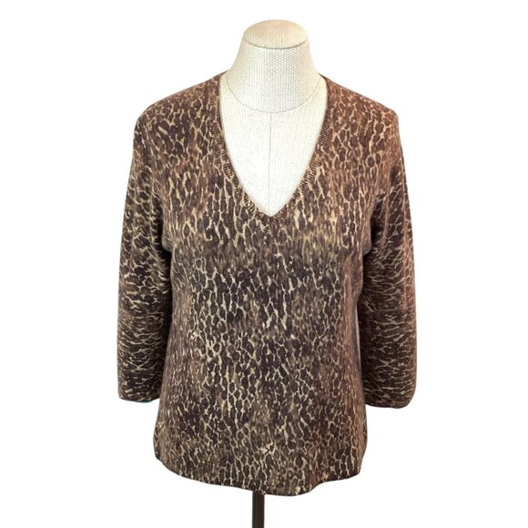 Kenar Leopard 2-Ply Cashmere Sweater V-Neck Womens XL - Picture 2 of 9